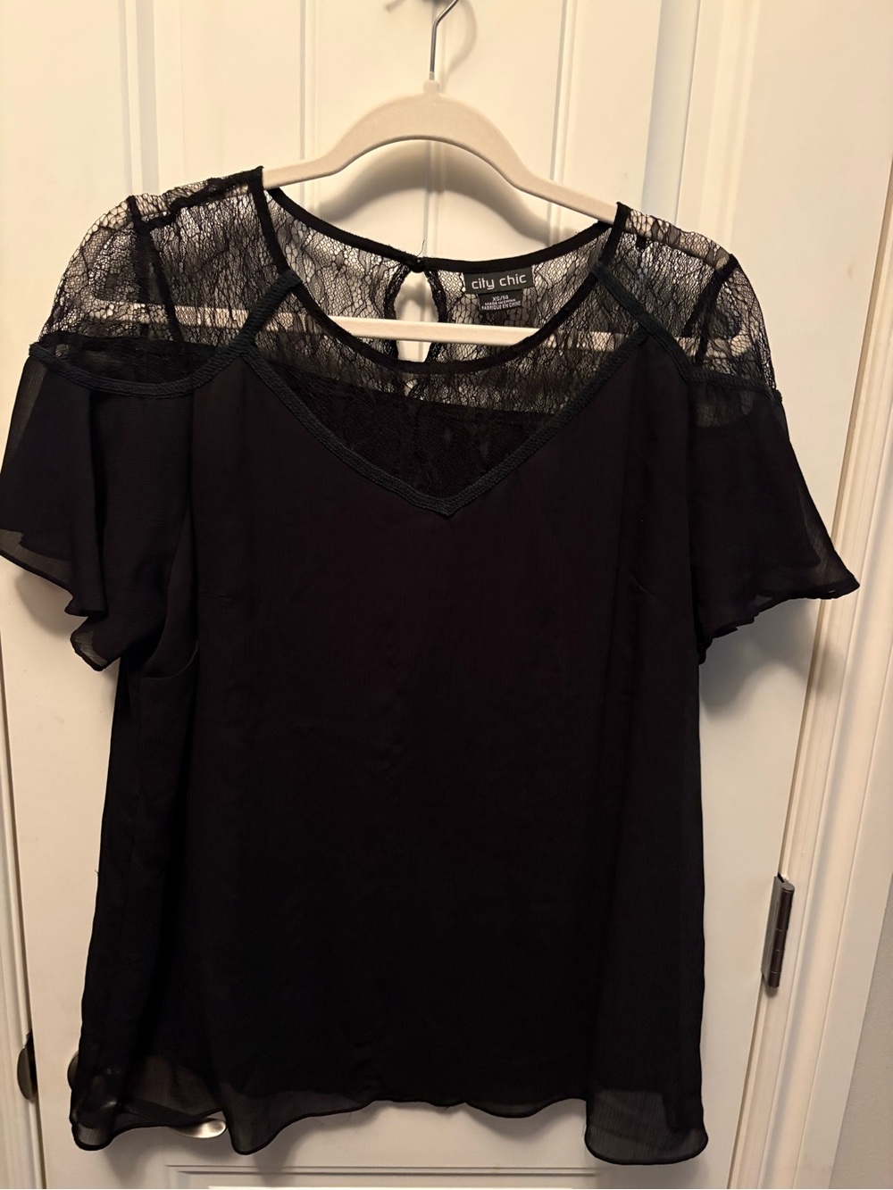City Chic Black Lace Yoke Flutter Sleeve Blouse
